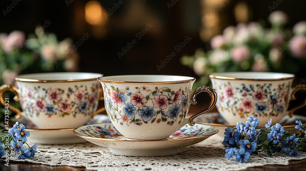 Fototapeta premium Delicate porcelain teacups adorned with intricate floral patterns sit on a lace-covered table, waiting for a gathering The scene is elegant and refined