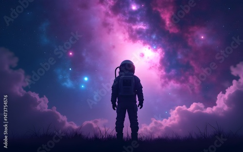 Silhouetted Astronaut Gazing at a Vibrant Purple and Blue Nebula in a Starry Night Sky. High quality