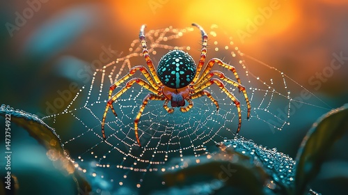 Delicate strands of spun gold intertwine to form an intricate web, glistening with morning dew A tiny spider waits patiently for its unsuspecting prey