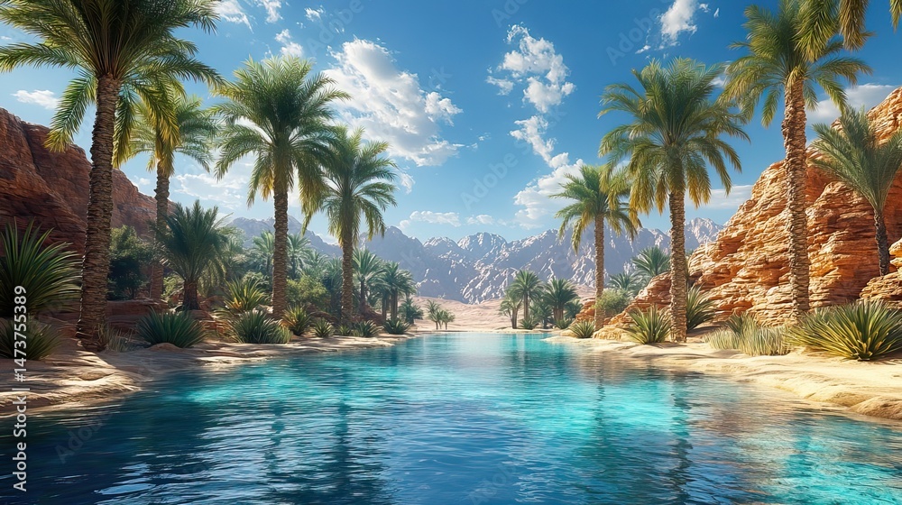 Obraz premium Desert oasis with palm trees and a shimmering pool of water, a welcome respite from the harsh and arid landscape, a symbol of survival