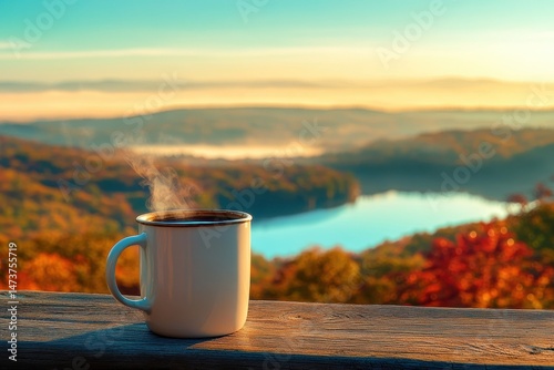 Fototapeta Naklejka Na Ścianę i Meble -  Morning coffee on a scenic overlook.  Autumn colors meet a tranquil lake vista