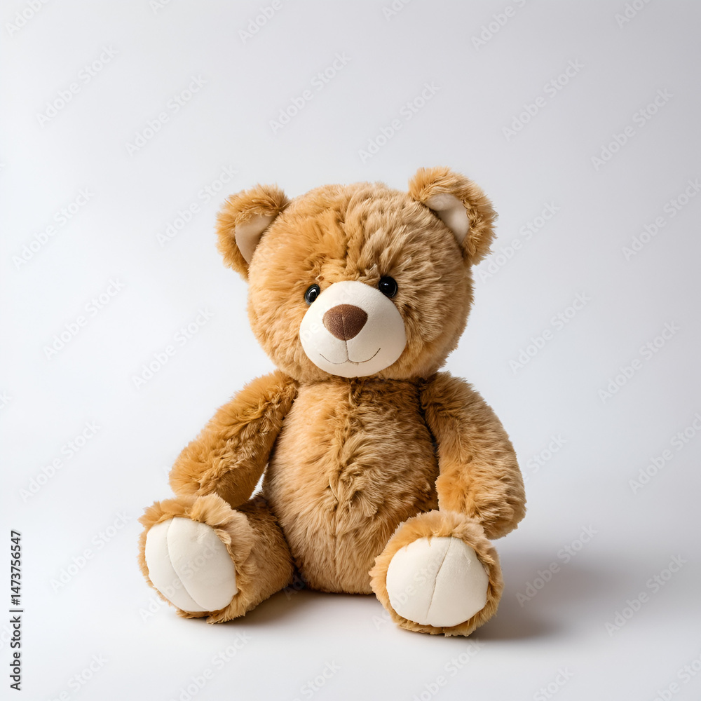 Fototapeta premium Cute stuffed bear toy sitting on plain background, soft furry teddy, kids playtime friend, playtime, furry, plush