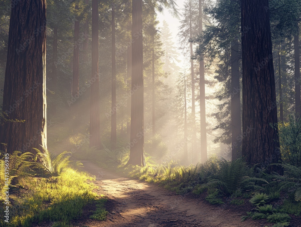 Fototapeta premium Serene forest path with sunlight filtering through.