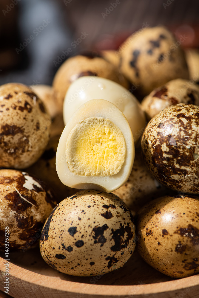 colseup of cooked quail eggs background.