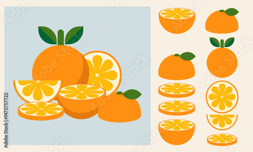 Orange. Set of fresh whole, half, cut slice orange fruit. Organic fruit. Flat style. Vector illustration for any design.