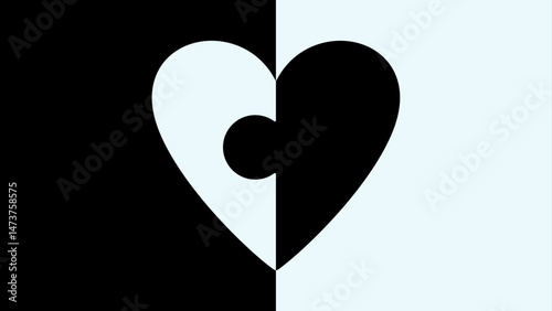 A heart divided into dark and light halves with puzzle piece cutouts, centered on a two-tone background.