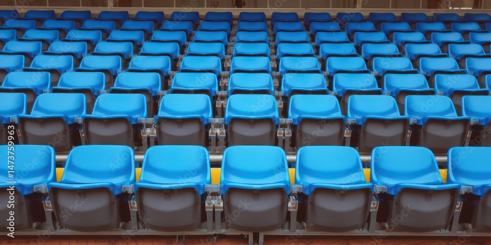 Fototapeta premium Rows of empty blue stadium seats awaiting spectators