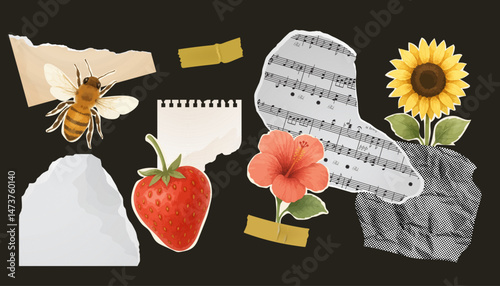 Botanical and musical vintage paper sticker set on black background