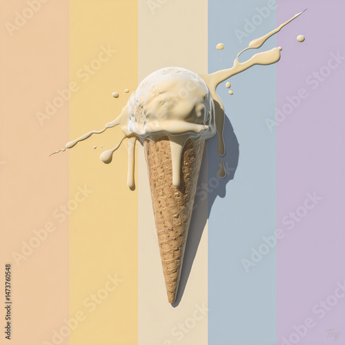 Minimalist image of a single scoop of melting ice cream on a cone, with drips captured mid-fall