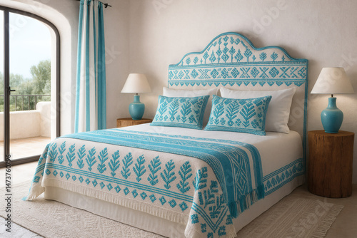 Mediterranean Bedroom with Turquoise Sardinian Textiles and Balcony View