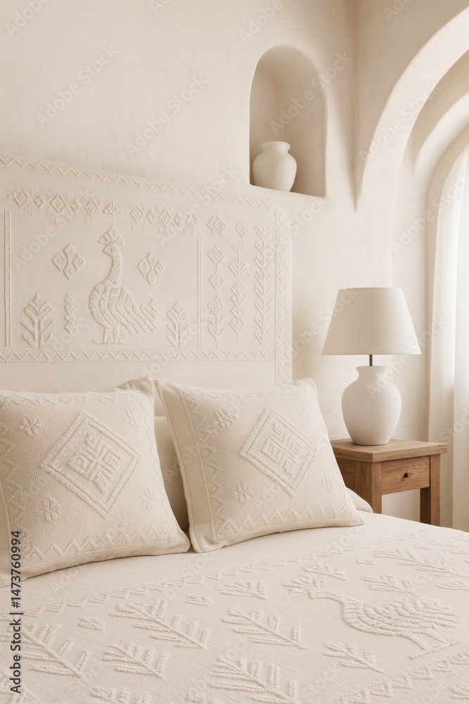 Obraz premium Vertical Close-Up of Cream Sardinian Headboard and Cushions in Mediterranean Interior