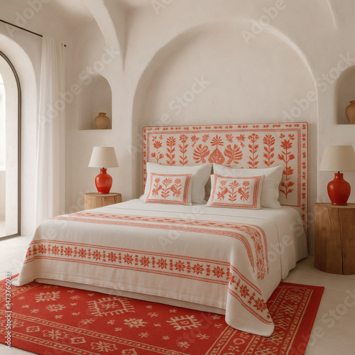 Mediterranean Bedroom with Coral Red Sardinian Textiles and Vaulted Arches