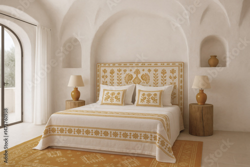 Mediterranean Bedroom with Ochre Sardinian Textiles and Arched Niches