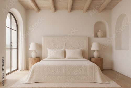 Mediterranean Bedroom with Cream Sardinian Textiles and Arched Architecture