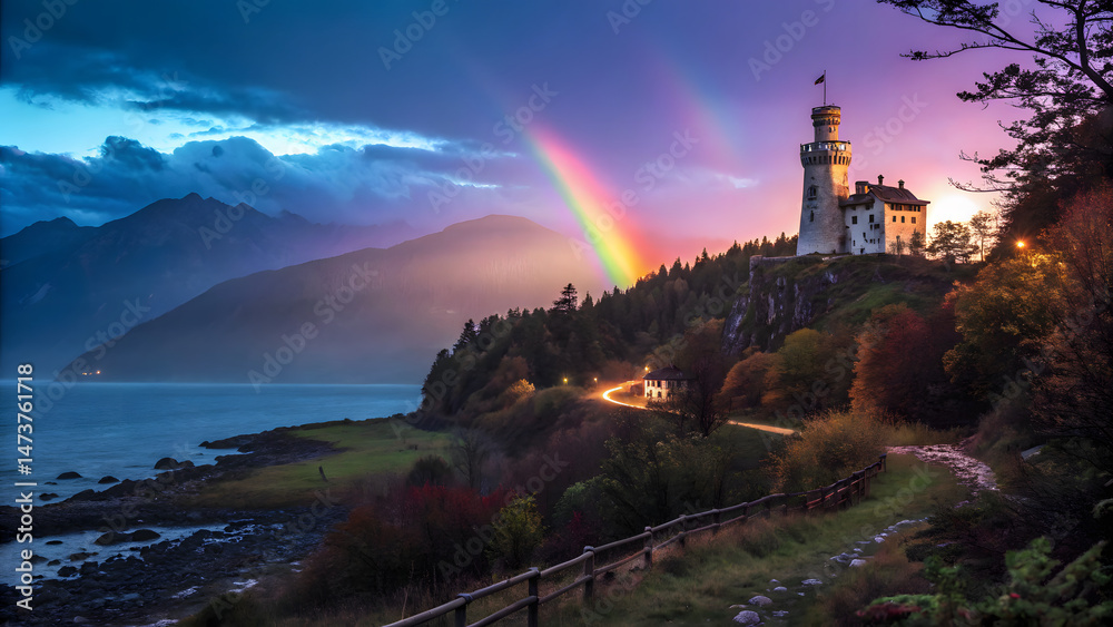 Fototapeta premium light holds the secrets of time and color is the language of magic, a mysterious pathway of shimmering particles appears under the twilight sky.