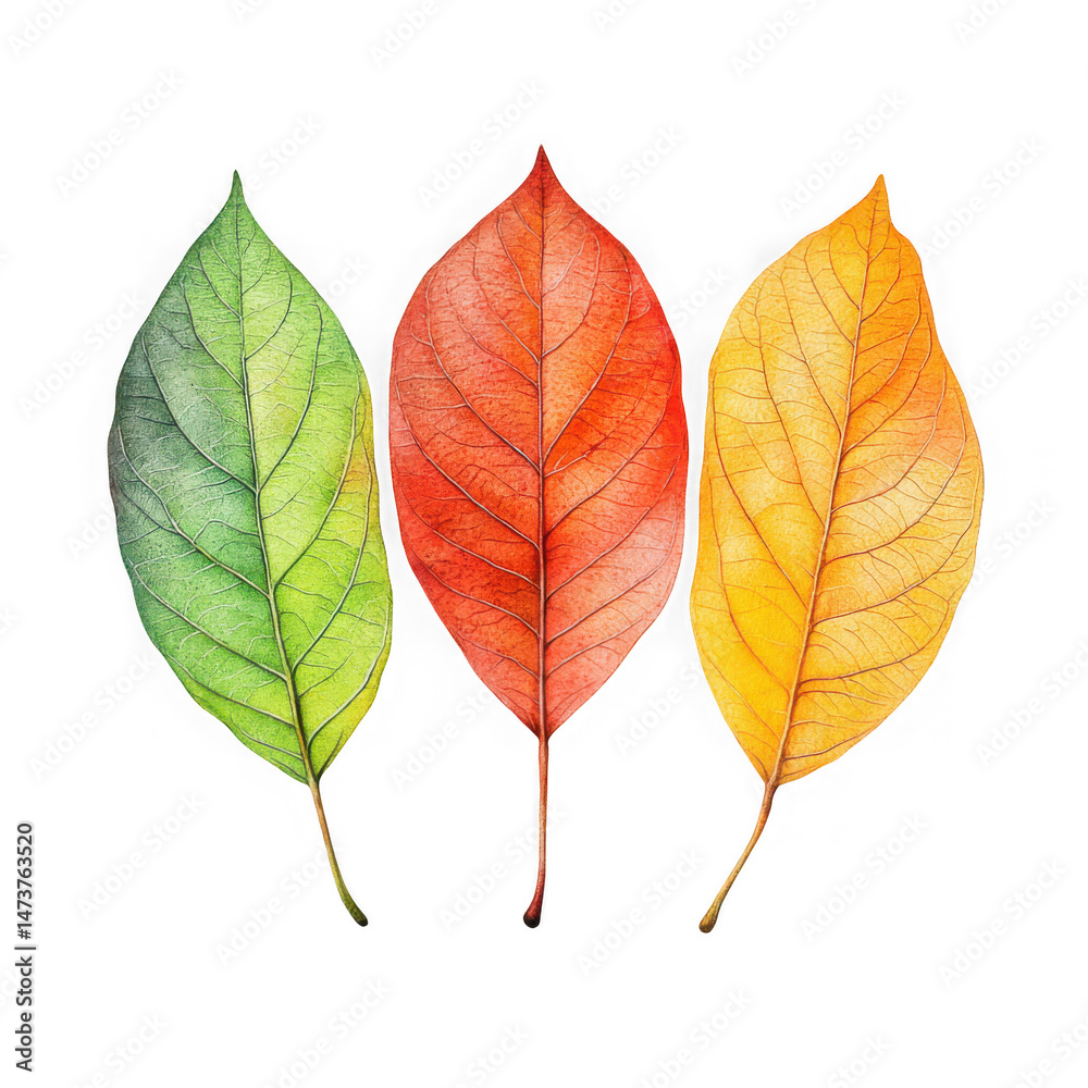 Obraz premium Three colorful leaves isolated on transparent background