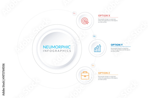 Four white rounded elements placed in horizontal row. Concept of 3 business goals to choose. Neumorphic infographic design template. Clean vector illustration for data analysis and visualization.