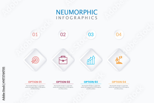 Five round buttons placed in horizontal row. Concept of 4 successive stages of business project development process. Neumorphic infographic design template. Modern vector illustration for banner.