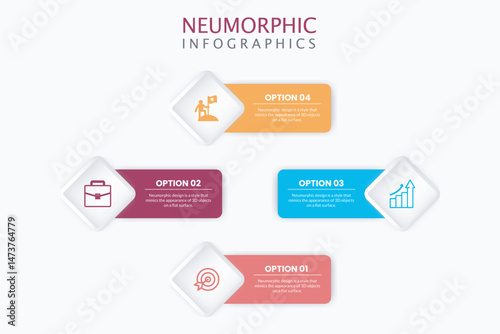 Neumorphism infographic illustration with 4 steps or options. Infographic design template.