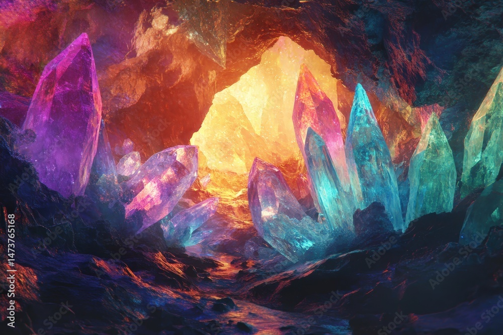 Fototapeta premium Vibrant crystals illuminate a subterranean cave passage.
