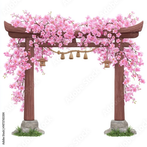 Pink Cherry Blossom Torii Gate on White Background