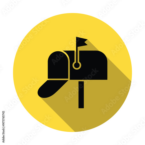 Mailbox Icon Vector, Minimalist Black Silhouette Isolated on Yellow Circle Background