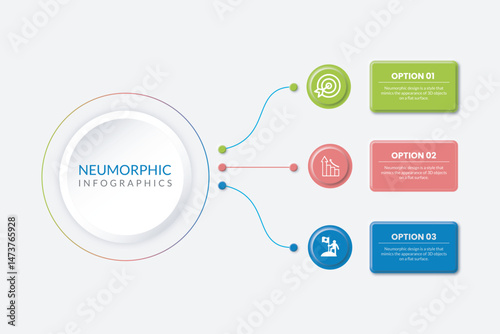 Three circular elements placed in horizontal row. Concept of 3 steps to startup project launch. Neumorphic infographic design template. Modern flat vector illustration for business presentation.