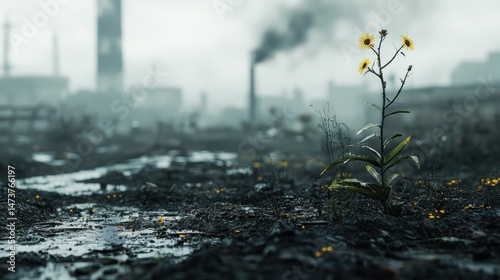 Resilience in the Face of Industrial Wasteland: A lone sunflower defying the bleakness of a polluted landscape.