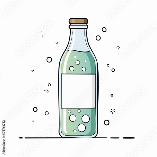Refreshing Beverage: A captivating cartoon illustration of a clear glass bottle filled with a bubbly, refreshing drink, ready to quench your thirst and bring instant refreshment. 