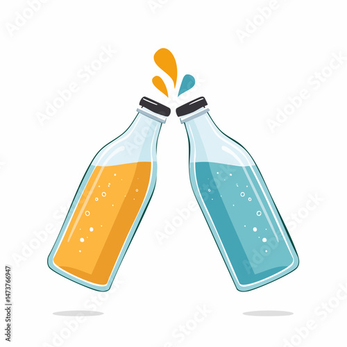 Cheers to Refreshment: Two colorful glass bottles clink together in a joyous toast, their contents mirroring the vibrant energy of the scene. A playful depiction that captures the refreshing essence