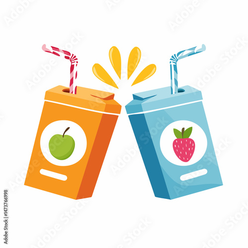 Apple and Strawberry Juice Boxes Cheers: Two juice boxes, one apple and one strawberry, clinking together in a celebratory toast, straws askew.