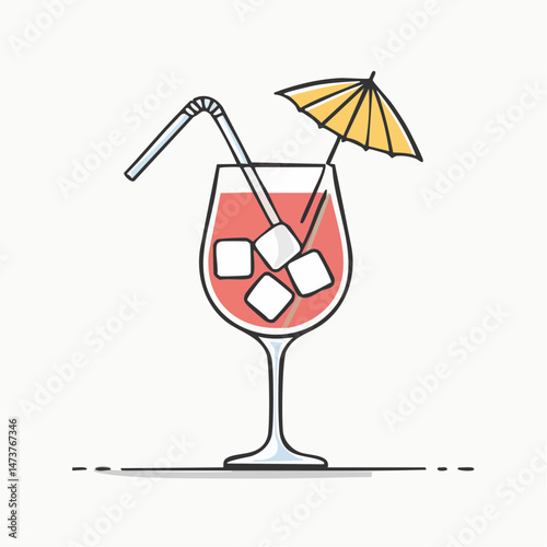 Tropical Cocktail Delight: A refreshing cocktail with ice cubes, a straw, and a miniature umbrella, perfect for a summer day. capturing the spirit of relaxation and enjoyment.