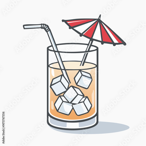 Cool Refreshment: A refreshing cocktail with ice cubes, straw and a decorative umbrella offers a delightful visual. The perfect drink for a hot day or a festive celebration.