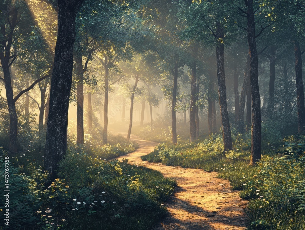 Naklejka premium Serene forest path illuminated by soft sunlight.