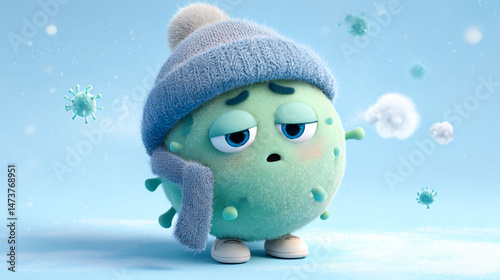 A happy snowman in the winter snow, wearing a blue hat and scarf, celebrates the cold Christmas holiday season  or covid-19