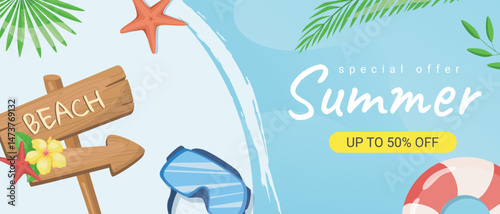 Summer horizontal sale banner. Shopping promotion poster template with tropical palm leaves, hibiscus flower, starfish, diving mask, inflatable simring, beach signpost arrow. Vector illustration.