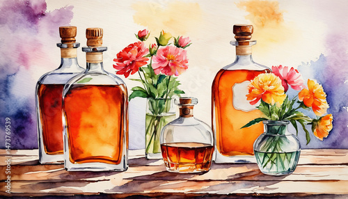 Whiskey bottles and flowers vase on the table, watercolor painting style, generative AI.