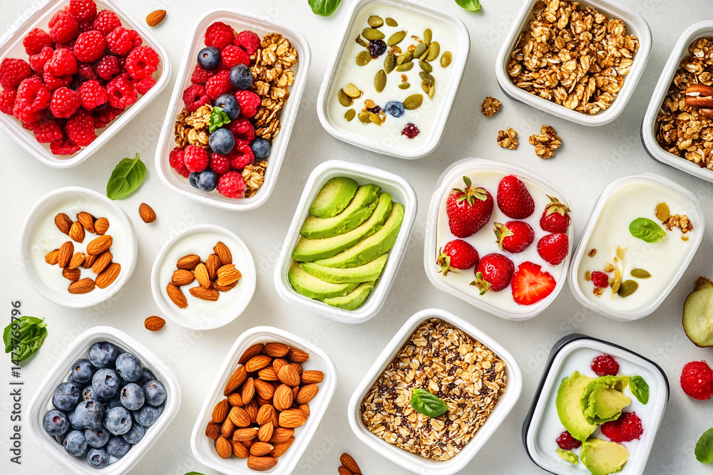 Top view of meal prep breakfast containers with fruit, berries, nuts, oatmeal, avocado, and yogurt. Healthy eating. Healthy breakfast meal prep in containers: oatmeal, yogurt, avocado
