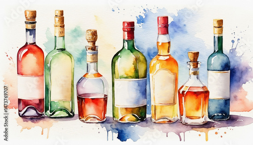 Set of liquor bottles, watercolor painting style, generative AI.