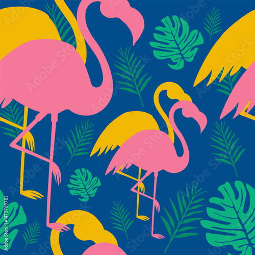 Bright summer seamless pattern with pink and yellow flamingos and tropical leaves