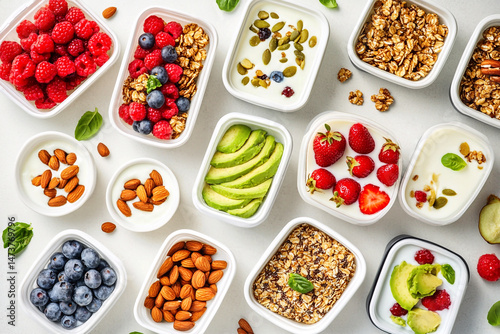 Obraz na płótnie Top view of meal prep breakfast containers with fruit, berries, nuts, oatmeal, avocado, and yogurt. Healthy eating. Healthy breakfast meal prep in containers: oatmeal, yogurt, avocado w salonie
