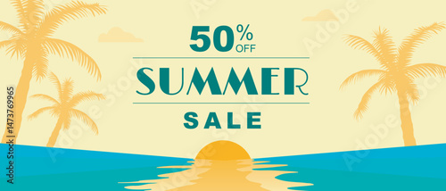 Summer horizontal sale banner. Shopping promotion poster template with retro tropical sunset with palm tree silhouettes, ocean and sun. Seasonal cover layout with island vacation. Vector illustration.