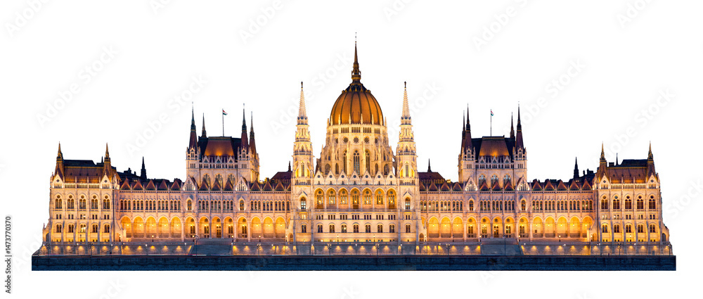 Obraz premium Hungarian parliament in Budapest, Hungary illuminated at night. Isolated