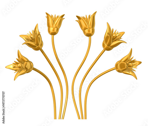 A collection of ornamental flowers rendered in gold. 3D illustration