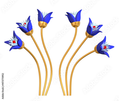 A set of ornamental blue flowers with golden stems, rendered in various poses. 3D illustration