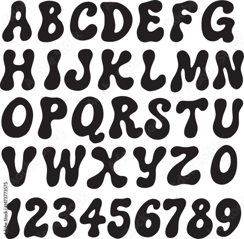 Hippy 60s Retro Wobbly  typography font lettering ABC cartoon vector text