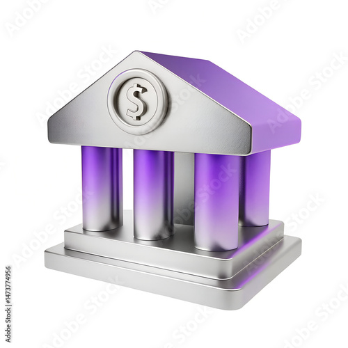 3d metallic icon of a bank, with purple and silver gradient