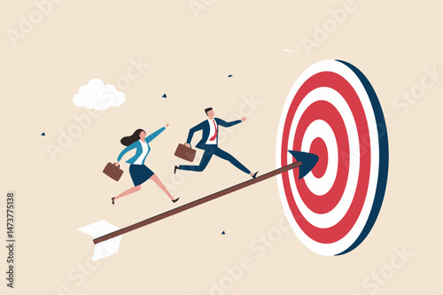 Business achievement, improvement goal, success target or career growth concept, confidence businessman and businesswoman working team running up archer arrow which hitting bullseye target.