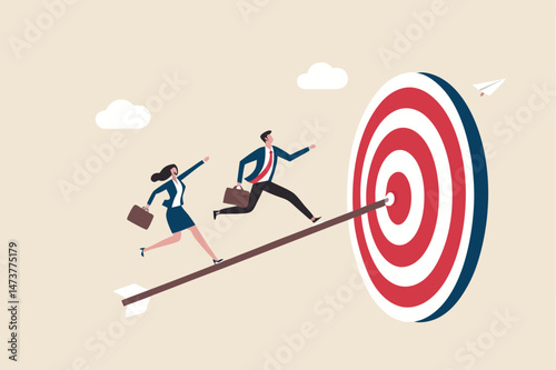 Business achievement, improvement goal, success target or career growth concept, confidence businessman and businesswoman working team running up archer arrow which hitting bullseye target.