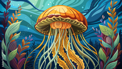 portrait Closeup underwater photography jellyfish Chrysaora fuscescens, Pacific sea nettle, West Coast sea nettle  Very beautiful